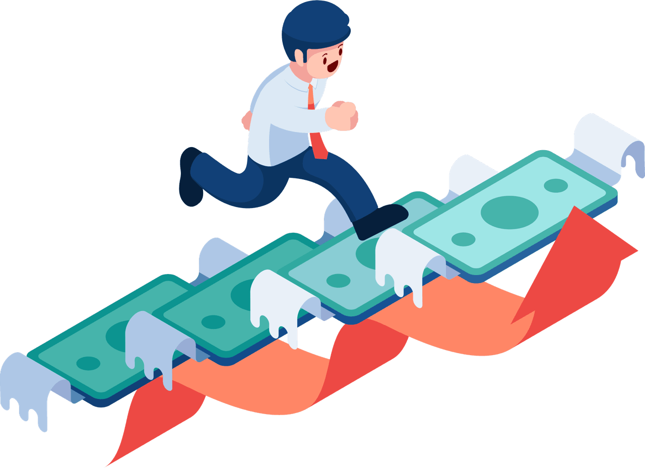 Isometric businessman step up on flying dollar banknote large